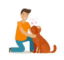 Happy young man with dog. Pet, pooch, doggie concept. Cartoon vector illustration