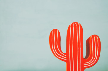 Image of orange cactus decoration infront of wooden blue background.