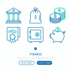 Finance thin line icons set: bag of gold, court, coins, safe, piggy bank, agreement. Vector illustration, web page template.