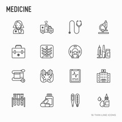 Medicine thin line icons set: doctor, ambulance, stethoscope, microscope, thermometer, hospital, z-ray image, MRI scanner, tonometer. Modern vector illustration.