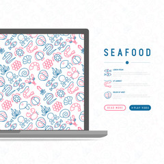 Seafood concept with thin line icons: lobster, fish, shrimp, octopus, oyster, eel, seaweed, crab, ramp, turtle. Modern vector illustration for restaurant menu.