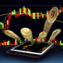 Gold Bit coin fling From tablet. concept Of profits.