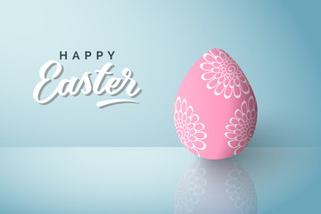 Happy Easter greeting card with pink egg decorated with flower pattern. Vector illustration