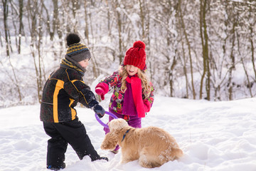 Kids play with dog in winter forest