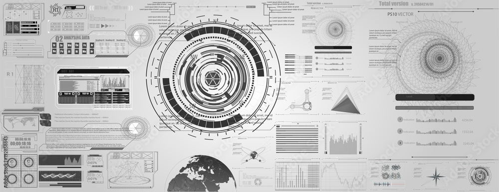 Fototapete set of black and white infographic elements. Head-up display elements for the web and app. Futuristic user interface. 
