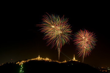 Fototapeta na wymiar firework Festival from temple on mountain