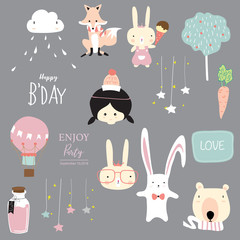 Cartoon icon collection with bottle,cloud,ice cream,bear,tree,fox,star and balloon