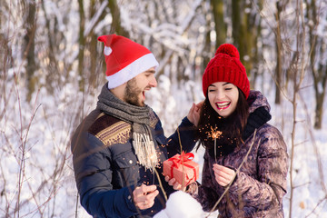 Happy couple in love in winter