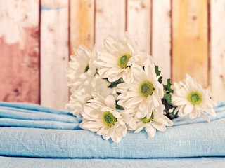 A bouquet of fresh white chrysanthemums is on a blue linen cloth. Behind the background of painted wooden boards. Spring background for greeting card, wedding, engagement, birthday