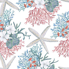 Naklejka premium Watercolor painting sea pattern with corals, seaweed, seastars, hibiscus flowers