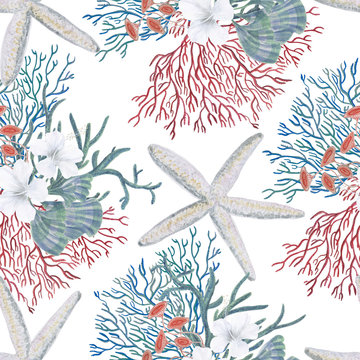 Watercolor painting sea pattern with corals, seaweed, seastars, hibiscus flowers