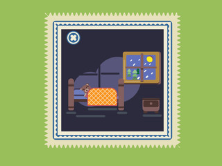 Cartoon brown bear sleeping in his bed at home