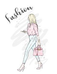 A beautiful girl in jeans, a blouse and in high-heeled shoes. A stylish woman with long hair and a bag. Fashion and style, clothing and accessories. The vector eps10.