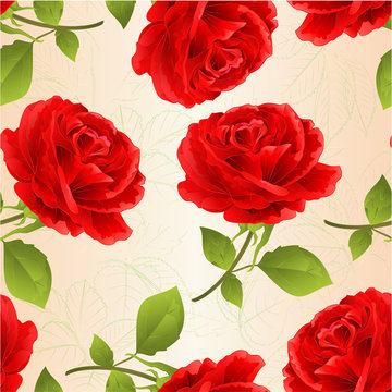 Seamless texture flower red rose on a nature background twig with leaves  vintage vector illustration editable hand draw