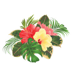 Bouquet with tropical flowers Hawaiian style floral arrangement, with beautiful pink and yellow hibiscus, palm,philodendron and ficus vintage vector illustration  editable hand draw