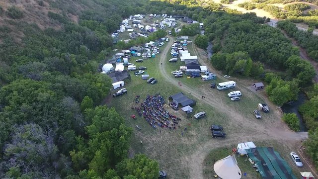 Aerial of out door event people in chairs.