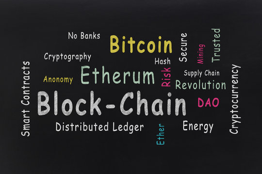 Cryptocurrency technology. BLOCKCHAIN word cloud against the blackboard