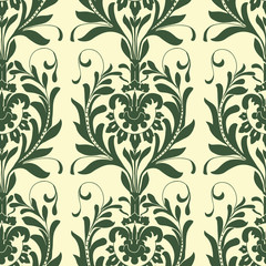 Seamless floral ethnic pattern. Vector ornament, traditional Russian motif with acanthus leaves, moss green on ecru background. Textile, wallpaper print.