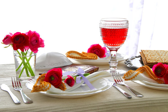 Pesah celebration concept (jewish Passover holiday festive table)
