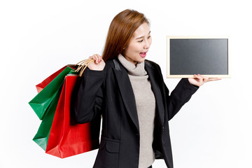 Woman is shopping and present in board.