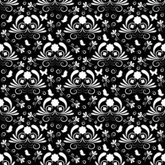 Abstract black and white floral seamless pattern with butterfly.