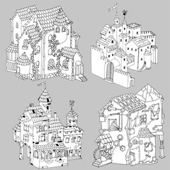 Set of four fairy tale ancient houses and castles, graphic vector illustration for coloring pages or other.