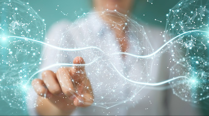Obraz na płótnie Canvas Businesswoman using digital network connection sphere 3D rendering