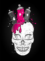 Skull and ballons with paint for graffiti. Skull in the crown of cans. Vector illustration for a postcard or a poster, print for clothes. Urban, city and extreme.