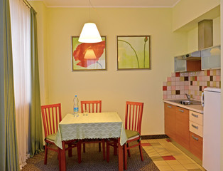 Kitchen in the hotel room. An interior in green tones