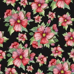  Red malva flowers with green buds and leaves on black background. Seamless floral pattern.  Watercolor painting. Hand drawn illustration. © katiko2016