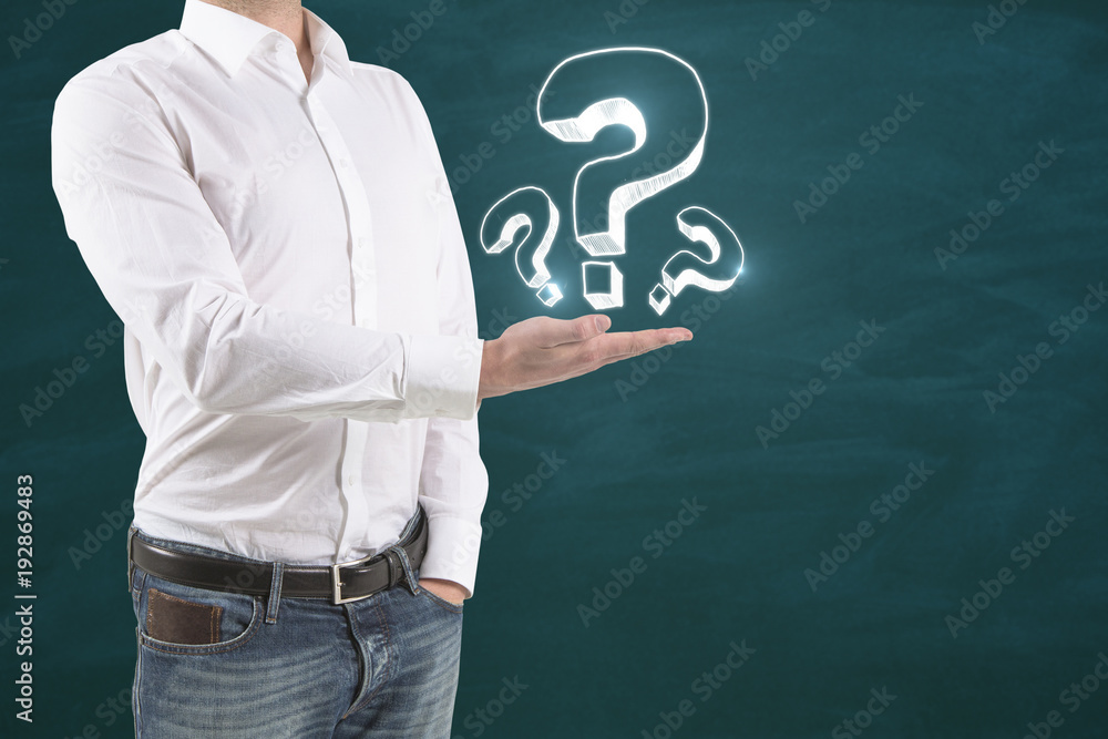 Poster man holding question marks