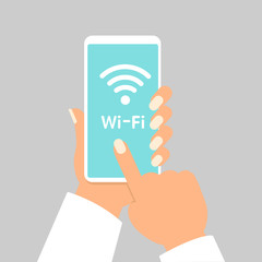 Hand holding smartphone with wifi wireless connection business concept isolated illustration