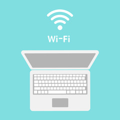 Wi-Fi icon on laptop screen. Wireless technology, wifi connection, wireless network, hotspot concepts. Modern flat design graphic. Vector illustration isolated on blue background