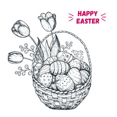 Happy Easter design elements. Basket with Easter eggs hand drawn sketch. Vintage vector illustration. Engraved style.