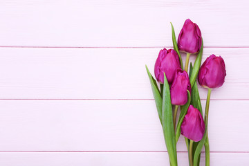 Bouquet of purple tulips on pink wooden table