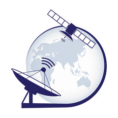 Artificial satellite. Telecommunication satellite on the earth geostationary in space and satellite antenna. Stock vector. Vector illustration EPS10. - obrazy, fototapety, plakaty