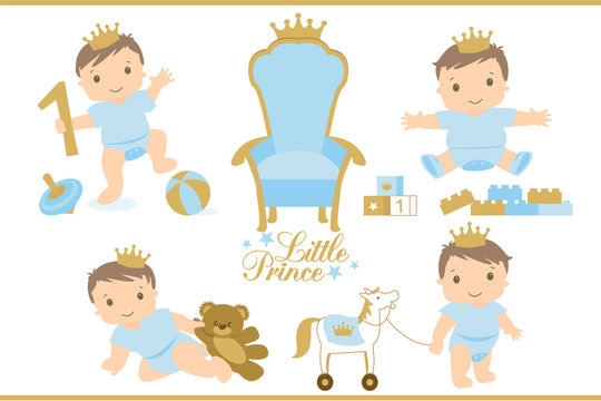 Little prince. Royal vector throne icon. Set of cute illustration for birthday invitation or baby shower. Toddler's first step. Sitting, playing, crawling and walking baby cartoon. Blue and gold. Toys