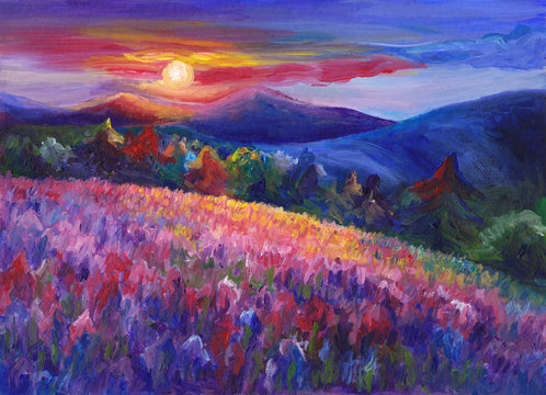 Mountain landscape oil artwork, cozy, cheerful, hand painted
