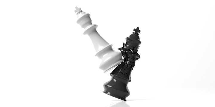 Black chess king broken by the white king, isolated on white background. 3d illustration