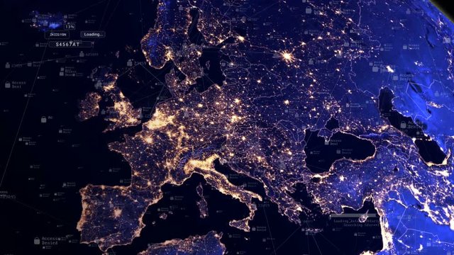 Planet Global connection.Connecting people.Hud with digital numbers and 2D elements access denied on World map.Technological background.Good for visa required thematic cities and countries.Europe.