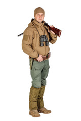 Fototapeta premium Full length portrait of a male hunter with double barreled shotgun Isolated on white background. hunting and people concept.