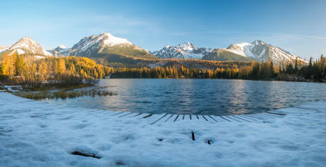 panorama of a mountain lake on a frosty morning-Strbske Pleso, Slovakia