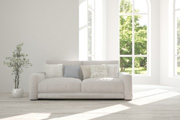 Idea of white room with sofa and summer landscape in window. Scandinavian interior design. 3D illustration