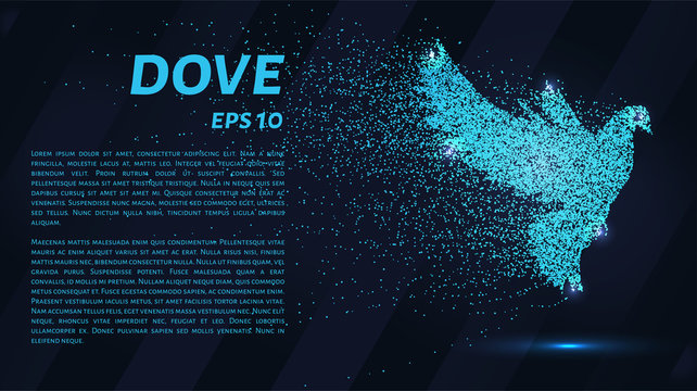 The dove of the particles. The dove consists of dots and circles. Blue dove on a dark background