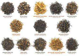 Isolated tea leaves. Collection of various famous chinese black teas (also known as red teas)...