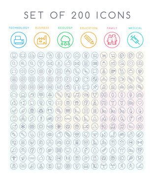 Set of 200 Minimal Modern Black Thin Stroke Icons ( Multimedia Business Ecology Education Family Medical Fitness) on Circular Buttons 