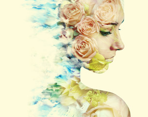 Double exposure portrait of young woman with bouquet of flowers.