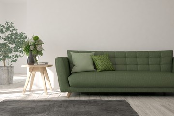 Idea of white minimalist room with green sofa. Scandinavian interior design. 3D illustration