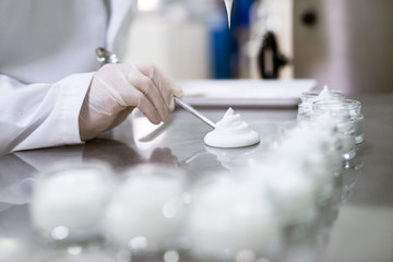 Healthcare creme production in laboratory. Creme products in lab
