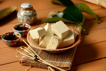 Tofu in cubes - vegetarian food made with soya seeds